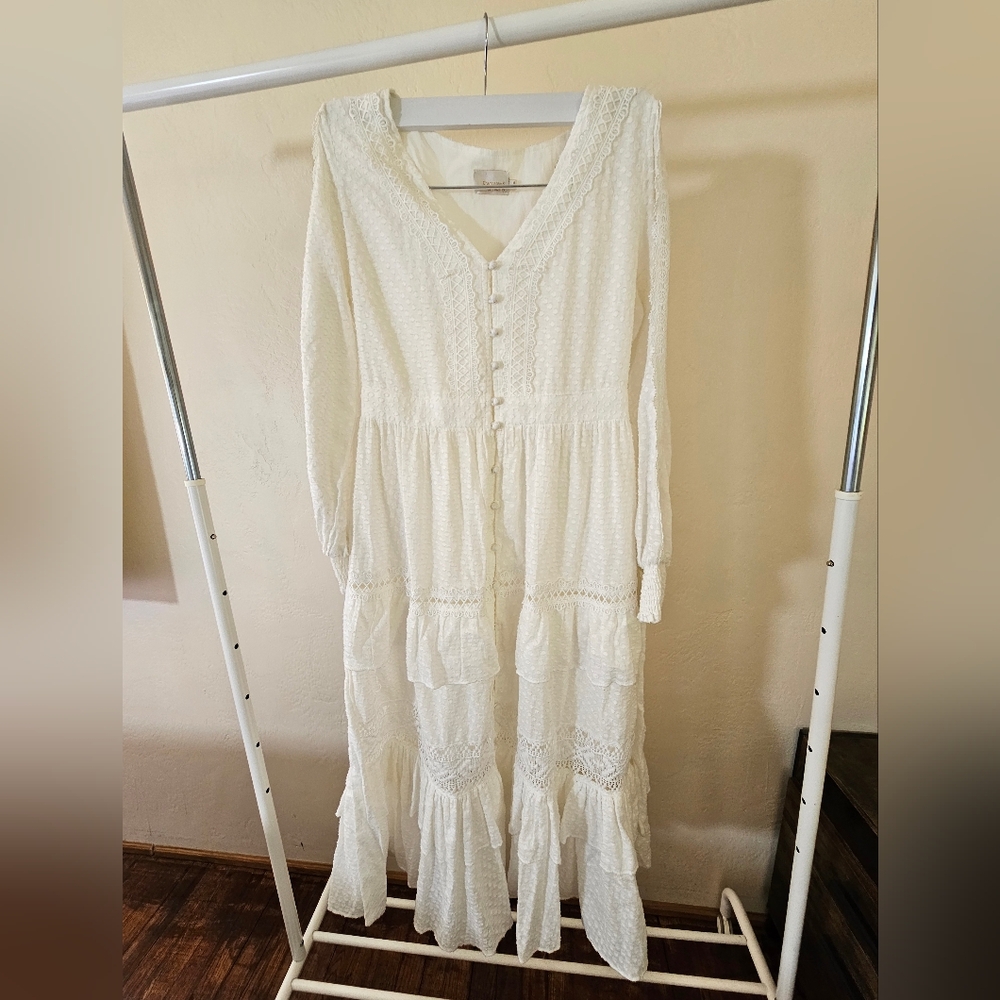 Champagne And Strawberries Bohemian Chic Cottagecore White Lace Maxi Dress Sz M - Picture 10 of 14